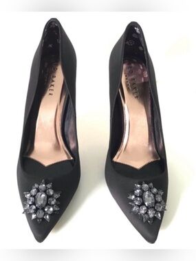Ted Baker Black Satin Pointed Toe Jewel-Embellished Pumps